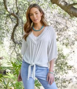 Karen Kane Crochet Neck Tie-Front Top