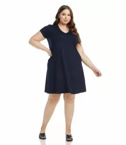 Karen Kane Plus Size Quinn V Neck Pocket Dress -karen kane Sales Shop karenkane 2021 spring L14244W NAV 005 54a97af0 82b3 4a53 82fc 798cf6790bfd