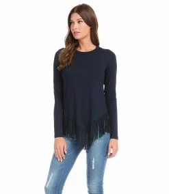 Karen Kane Petite Size Asymmetric Fringe Top -karen kane Sales Shop karenkane 2022 fall 3L13169P NAV 003 1