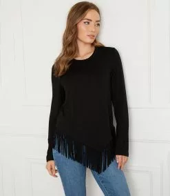 Karen Kane Asymmetric Fringe Top -karen kane Sales Shop karenkane 2022 fall 3L13169 BLK 006