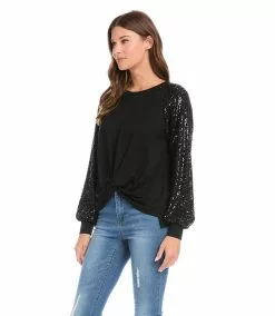 Karen Kane Petite Size Contrast Twist Front Top -karen kane Sales Shop karenkane 2022 fall 3L14325P BLK 1232