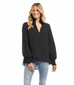 Karen Kane Smocked Crossover Top -karen kane Sales Shop karenkane 2022 fall 3L25411 BLK 004