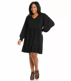 Karen Kane Plus Size Long Sleeve Tiered Dress -karen kane Sales Shop karenkane 2023 spring 1L13126W BLK 004