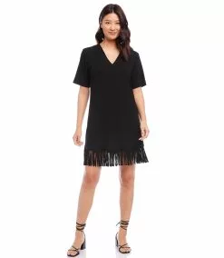 Karen Kane Petite Size V-Neck Fringe Dress