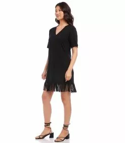 Karen Kane Petite Size V-Neck Fringe Dress 10 Karen Kane Petite Size V-Neck Fringe Dress -karen kane Sales Shop karenkane 2023 spring 1L14336P BLK 003 1