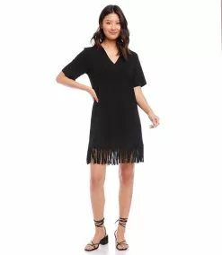 Karen Kane Petite Size V-Neck Fringe Dress 11 Karen Kane Petite Size V-Neck Fringe Dress -karen kane Sales Shop karenkane 2023 spring 1L14336P BLK 004