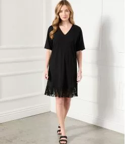 Karen Kane V-Neck Fringe Dress -karen kane Sales Shop karenkane 2023 spring 1L14336 BLK 002