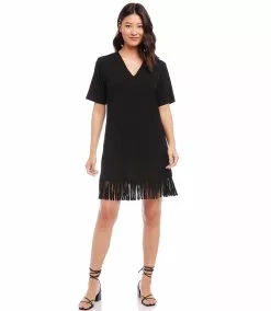 Karen Kane V-Neck Fringe Dress -karen kane Sales Shop karenkane 2023 spring 1L14336 BLK 003