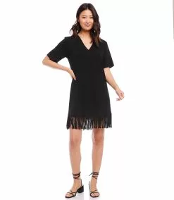 Karen Kane V-Neck Fringe Dress -karen kane Sales Shop karenkane 2023 spring 1L14336 BLK 006