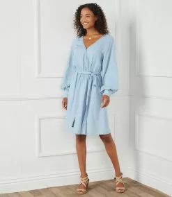 Karen Kane Long Sleeve Chambray Dress -karen kane Sales Shop karenkane 2023 spring 1L47206 CHA 002