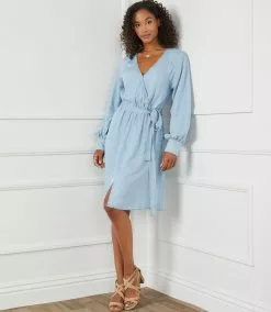 Karen Kane Long Sleeve Chambray Dress -karen kane Sales Shop karenkane 2023 spring 1L47206 CHA 009