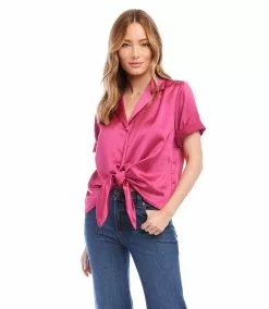 Karen Kane Roll Sleeve Tie Front Top