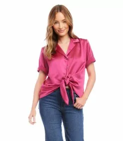 Karen Kane Roll Sleeve Tie Front Top -karen kane Sales Shop karenkane 2023 spring 1L68123 RAS 004