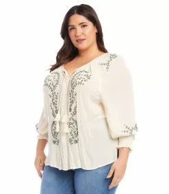 Karen Kane Plus Size Embroidered Peasant Top -karen kane Sales Shop karenkane 2023 summer 2L55218W CRE 003