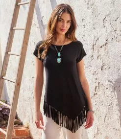 Karen Kane Petite Size Angled Fringe Top -karen kane Sales Shop karenkane 2L13015P BLK 00 1
