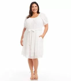 Karen Kane Plus Size Embroidered Puff Sleeve Dress -karen kane Sales Shop karenkane 2L55215W OWH 002 1