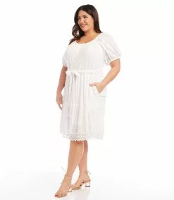 Karen Kane Plus Size Embroidered Puff Sleeve Dress -karen kane Sales Shop karenkane 2L55215W OWH 004
