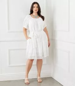 Karen Kane Plus Size Embroidered Puff Sleeve Dress -karen kane Sales Shop karenkane 2L55215W OWH 007