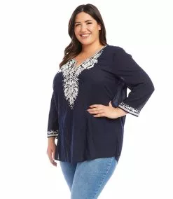 Karen Kane Plus Size Embroidered Tunic -karen kane Sales Shop karenkane 2L70173W NAV 003