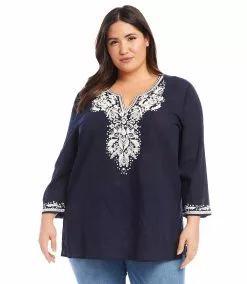 Karen Kane Plus Size Embroidered Tunic -karen kane Sales Shop karenkane 2L70173W NAV 004
